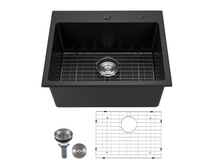 Kuchynský granitový drez 63 cm, vrchná montáž, jednokomorový, čierny