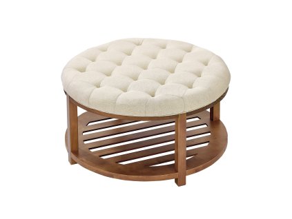 Okrúhly taburet 81 cm, prešívaný, drevená polica, ľanový poťah