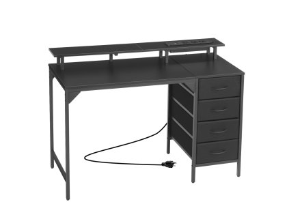 Písací stôl 120 cm, led, el. zásuvky, 4 šuplíky, stojan na monitor