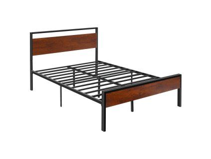Rám postele 35 cm čierny kovový s retro hnedým čelom, veľké úložisko