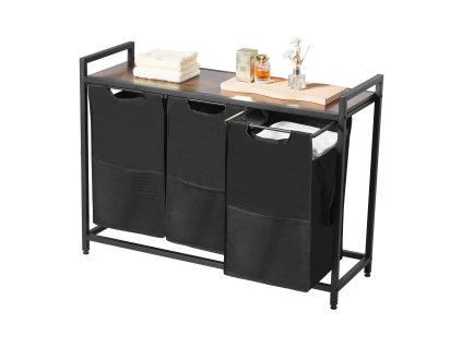 Trojsekčný triedič bielizne, kovový rám, drevený vrch, 3 vaky 600D