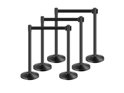 Stĺpiky s odťahovacími pásmi 6 ks, oceľ, čierne, dutá základňa