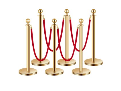 Stĺpiky 6 ks nerez 4 červené zamatové laná s dutými podstavcami