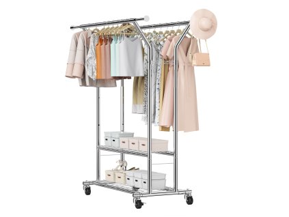 Mobilný stojan na oblečenie s 2 tyčami, 2 policami, 120 kg, oceľ