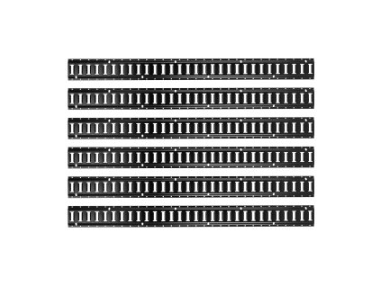 Sada e-track lišt 6×1,5 m 26 ks, 2 pásy, 6 úchytov, 12 krytiek