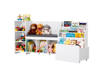 Detská drevená lavica s operadlom a policou 1700×400×800 mm biela