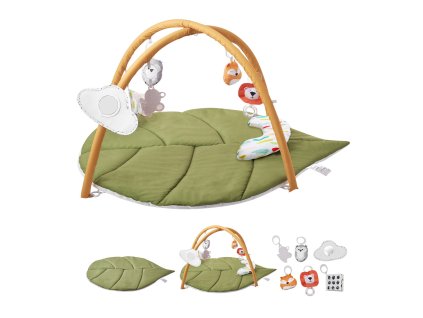 Detská hracia podložka na bruško, listový, 6 hračiek, 0–18 mesiacov