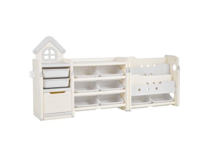 Detská skrinka na hračky s policou, 4 úrovne, 10 boxov, sivá/bežová