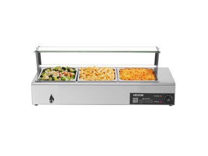 Elektrický parný ohrievač jedál 1500W, nerez, sklenený kryt 3×1/2 panvy