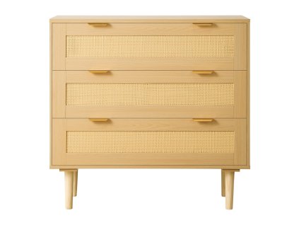 Komoda s 3 zásuvkami z prírodného ratanu, kovové úchyty, drevené nohy