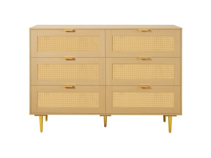 Komoda z prírodného ratanu, 6 zásuviek, kovové nohy a úchyty