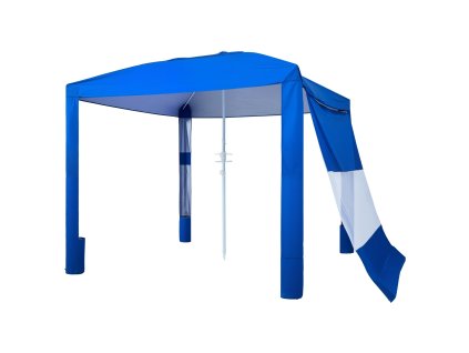 Plážová kabána 2.4×2.4 m, upf 50+, s bočnou stenou, vreckami na piesok