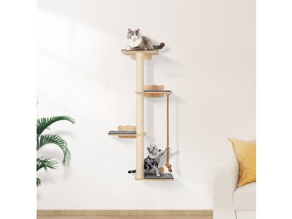 Stenová polica pre mačky 4 poschodia, 12 mm borovica, nosnosť 40 lbs