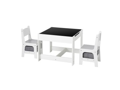 Detský stôl s 2 stoličkami, biely drevený, úložné boxy pod stolom