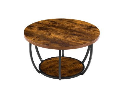 Konferenčný okrúhly stolík 2 úrovne drevené police kovový rám hnedý