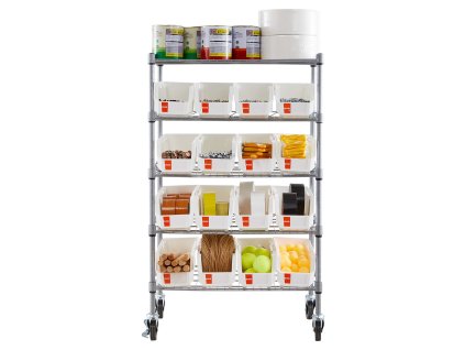 Mobilná polica na kolieskach 5 poschodí, 16 boxov, oceľová konštrukcia