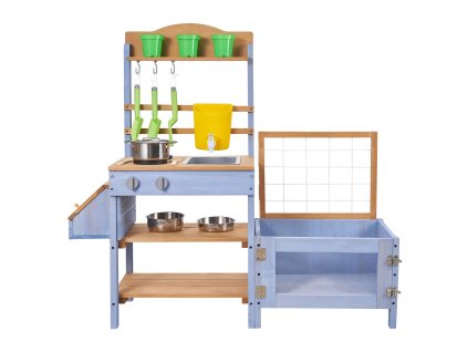 Detská vonkajšia kuchynka na blato z dreva s vaničkou drezom a hrncami