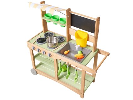 Detská záhradná kuchynka s umývadlom, strieškou, kolieskami a riadom