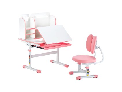 Detský stôl a stolička, nastaviteľná výška, doska 0–40°, ružový