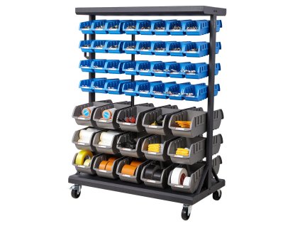 Mobilný dvojstranný regál s 94 boxmi, 7 políc, na kolieskach