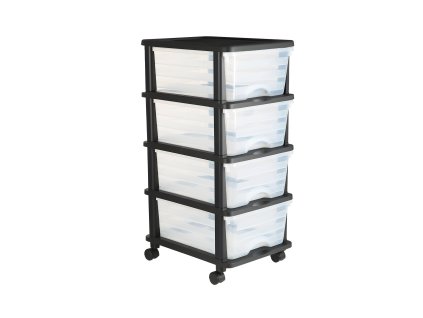 Plastový vozík so 4 zásuvkami, na kolieskach, priehľadné priehradky