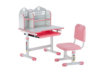 Detský písací stôl so stoličkou, nastaviteľný, polica, zásuvka, ružová
