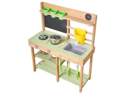 Detská drevená kuchynka na blato s umývadlom, sporákom a riadom