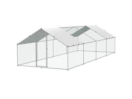 Kovový kurník s výbehom 3×7.83×1.99 m, vstupné dvere, krytý, zámok