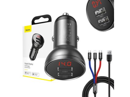Baseus Digitální displej Duální USB 4,8A nabíječka do auta 24W se třemi základními barvami 3 v 1 USB kabel 1,2M Černý oblek Šedá