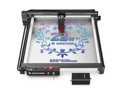 Mecpow X5 Laser Engraver Cutter, 22W Laser Power, Air Assist, 0.08x0.1mm Laser Spot, 28000mm/min Engraving Speed, Safety Lock, Emergency Stop, Flame Detection, 600x600mm