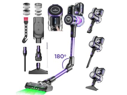 Yanhama H3 Cordless Vacuum Cleaner, 38kPa/550W Powerful Suction, 60min Max Runtime, 180° Swivel Handle, Green LED Light, for Hard Floors/Carpets/Pet Hair - Purple