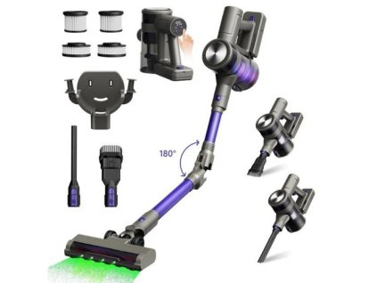 MOOSOO YG-618-B Cordless Vacuum Cleaner, Flexible 180° Rotation, Rechargeable Hanger, 48kPa High Suction, Anti-Tangle Brush, LED Display, for Hard Floors, Pet Hair And Carpet, Purple