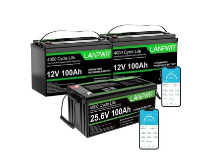 LANPWR 24V 100Ah LiFePO4 Battery 2560Wh Bluetooth 5.0 + 12V 100Ah LiFePO4 Battery 1280Wh Bluetooth + 12V 100Ah LiFePO4 Battery 1280Wh Non-Bluetooth