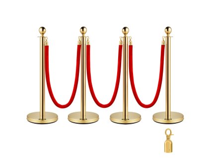 Set 2 zlatých nerez stĺpov, okrúhly vrch, 4× červené 1,5 m laná