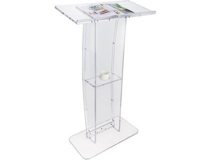 Akrylové pódium, 119 cm vysoké, priehľadné, široká doska a polica