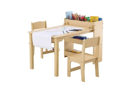Detský drevený stôl 2 v 1 s 2 stoličkami a skrinkou na tvorenie
