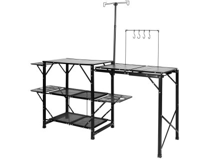 Kempingový kuchynský stôl z hliníka, skladací, 3 stoly, 2 police, drez