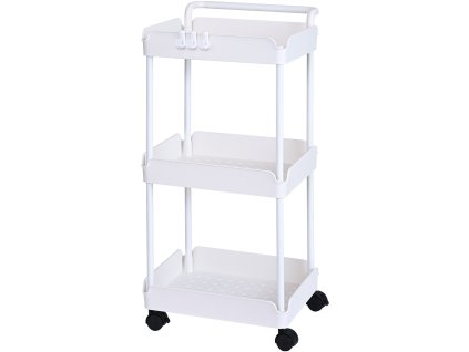 Pojazdný 3-poschodový vozík s úchytom a uzamykacími kolieskami, biely