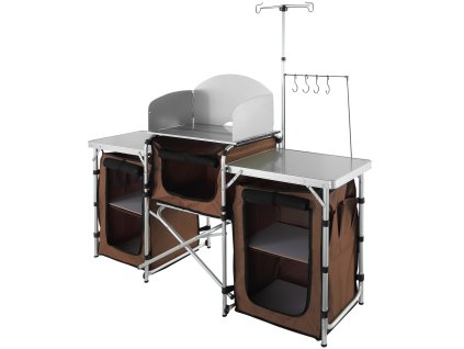Skladací kempingový kuchynský stôl, hliník, 3 skrine, vetroštít, obal