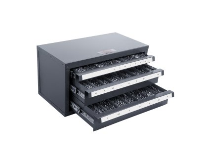 Skrinka na vrtáky 3 zásuvky 1–13 mm oceľová s popiskami stohovateľná