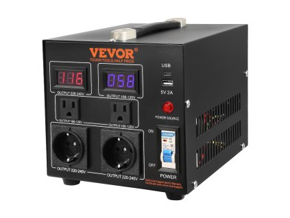 Transformátor napätia 2000 VA, 110/220 V vstup/výstup, US/EU, 5V USB