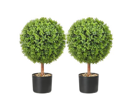 Umelé buxusové stromy, 24 inch, 2 ks, guľatá koruna, s kvetináčmi