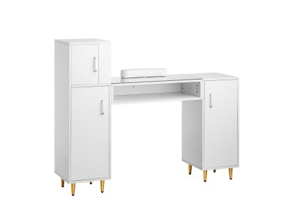 Manikúrny stôl so sklom, úložné skrinky, acetónu odolný, 8 nôh, biely