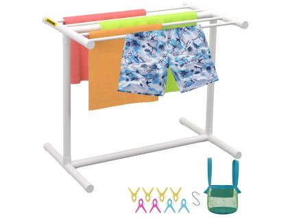 Stojan na uteráky 5 tyčí biely voľne stojaci pvc, 8 klipov, sieťka
