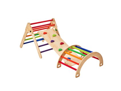 Drevený lezecký set 5v1 pre deti 1–3 rokov: trojuholník, rampa, oblúk