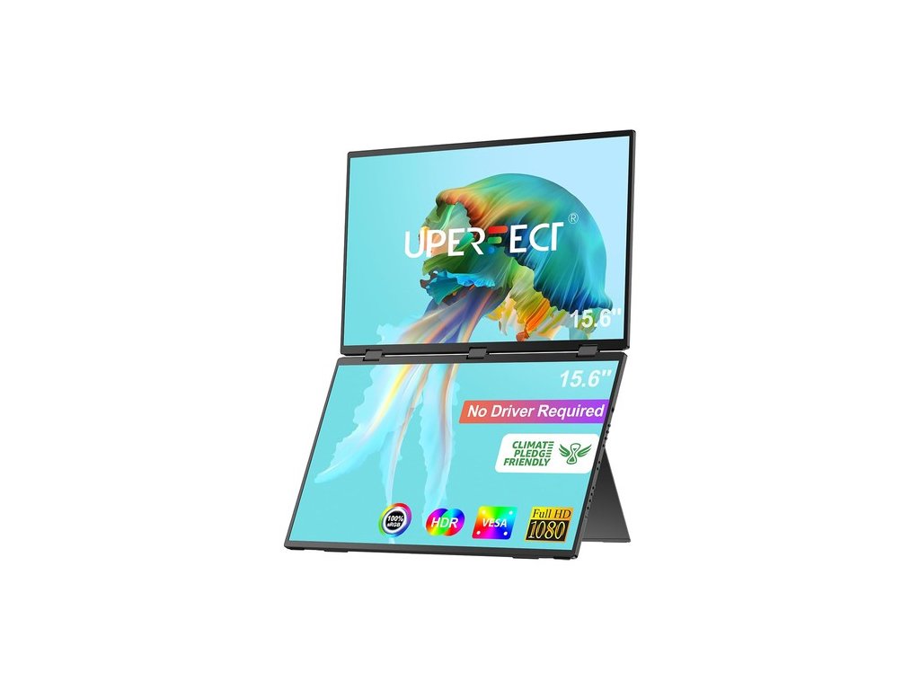 UPERFECT Delta 15.6-inch Dual Screen Portable Folding Monitor, 1920*1080 FHD IPS Screen, 60Hz Refresh Rate, 1000:1 Contrast Ratio, 360° Folding, Built-in Speaker, Built-in Stand & VESA Mountable,  2*Full-Featured Type-C, 2* mini HDMI - EU Plug
