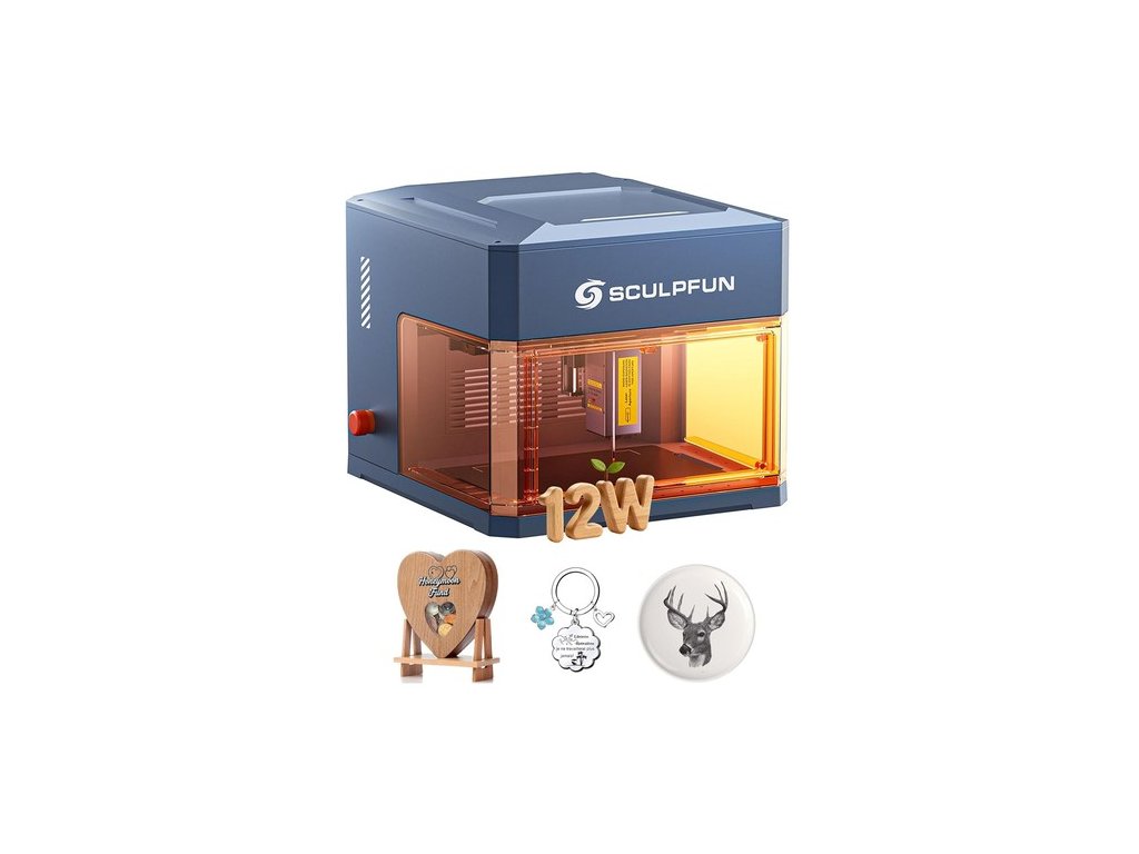 SCULPFUN iCube Ultra 12W Laser Engraver, Class 1 Enclosed Design, Auto Focus, 0.08mm Laser Spot, 150*150mm Engraving Area, Built-in Smoke Filter, High-Speed Precision for Wood/Leather/Bamboo