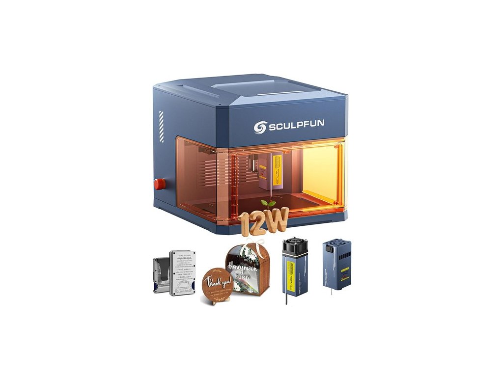 SCULPFUN iCube Ultra Dual 12W+1.2W Laser Engraver, 10000mm/min Speed, 0.08/0.03mm Laser Spot, 150x135mm Working Area, Built-in Smoke Filter, 4 Light Modes, Easy to Assemble