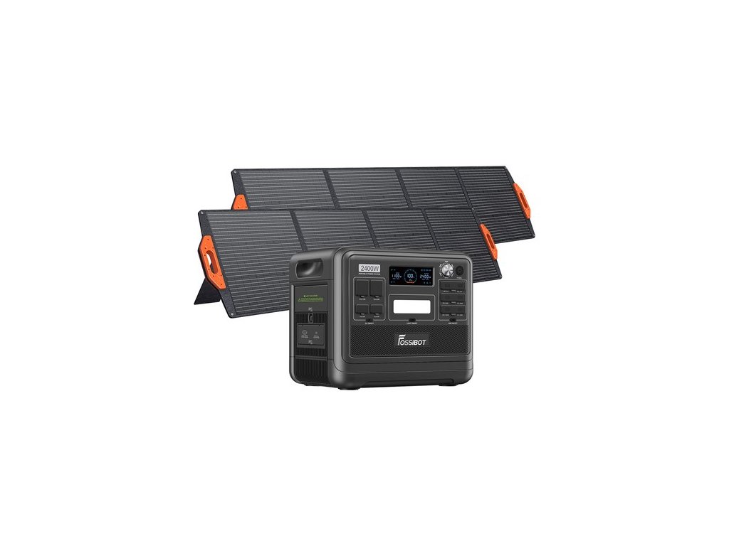 FOSSiBOT F2400 Portable Power Station Kit + 2 x FOSSiBOT SP200 18V 200W Foldable Solar Panel, 2048Wh LiFePO4 Battery 2400W Output Solar Generator, 3xAC RV Car USB Type-C QC3.0 PD DC5521 Pure Sine Wave Full Outlets, 1.5H Fast Charging, Outdoor