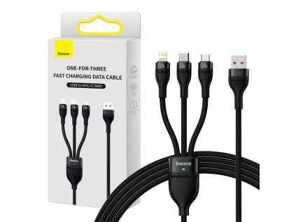 Baseus Flash II Series 3 az 1-ben USB-kábel, USB-C + micro USB + Lightning, 66 W, 1,2 m (fekete)